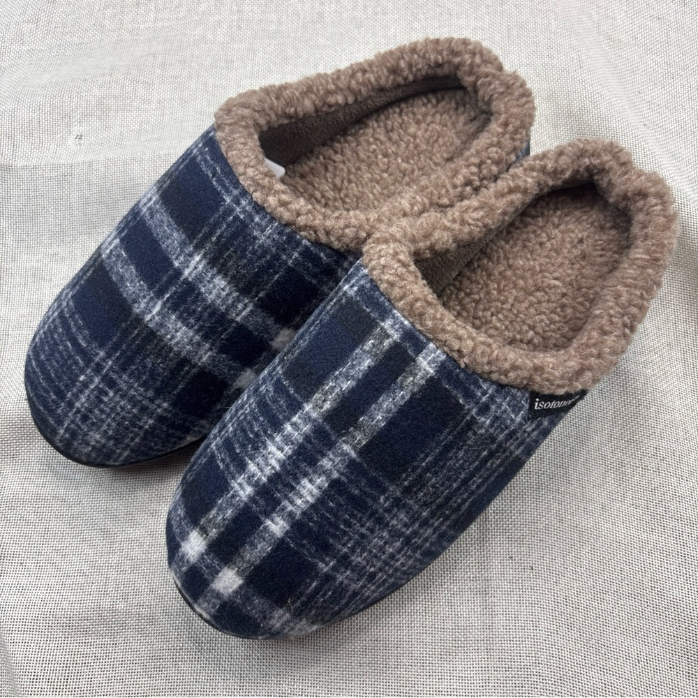 Men's Blue Plaid Hoodback Memory Foam Slippers Size 9.5-10.5